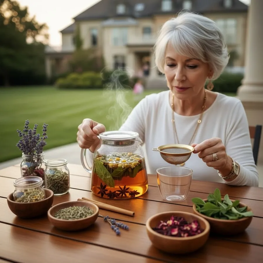 A woman brewing fynbos botanical tea in a glass teapot at a wooden table
