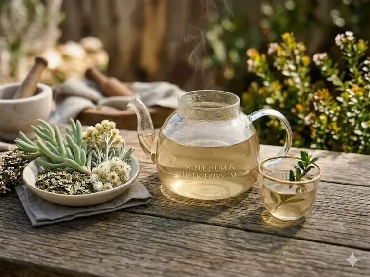 Calm Coast De-Stress botanical blend of Sceletium and Helichrysum steeping in a glass teapot on a weathered wooden table, surrounded by succulents and dried flowers
