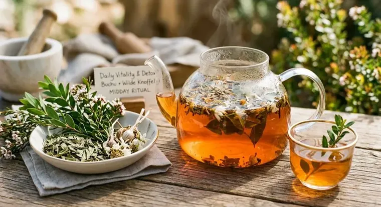 Daily Vitality and Detox botanical blend of buchu and wild garlic, displayed in a ceramic bowl beside a steeping glass teapot