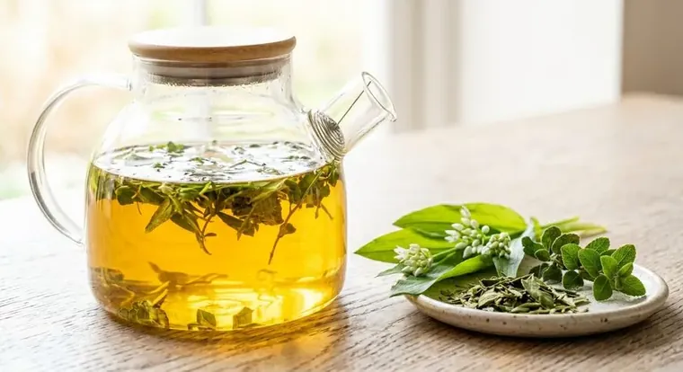 Deep Recovery and Tonic botanical blend with African potato and buchu, steeped golden tea in a glass teapot beside a stone marker