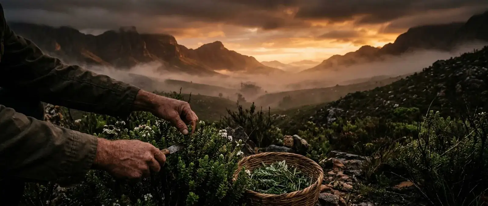 Hands harvesting wild fynbos botanicals at sunrise in the South African mountains, with mist rolling through the valley below