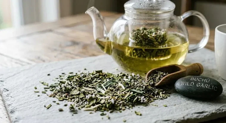 Fynbos Youth Elixir golden botanical tea steeping in a glass teapot, surrounded by fresh wild garlic flowers and green herbs