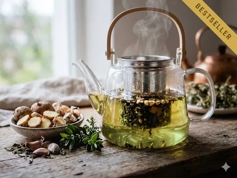 Root of Renewal Ritual glass teapot steeping Wild African Ginger and botanical roots on a rustic wooden table, with ginger root and wild garlic beside it