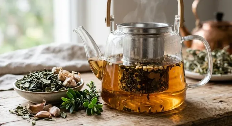 A steeping pot of Weskus Winter Shield botanical tea, with wild rosemary and garlic visible, brewing in warm afternoon light