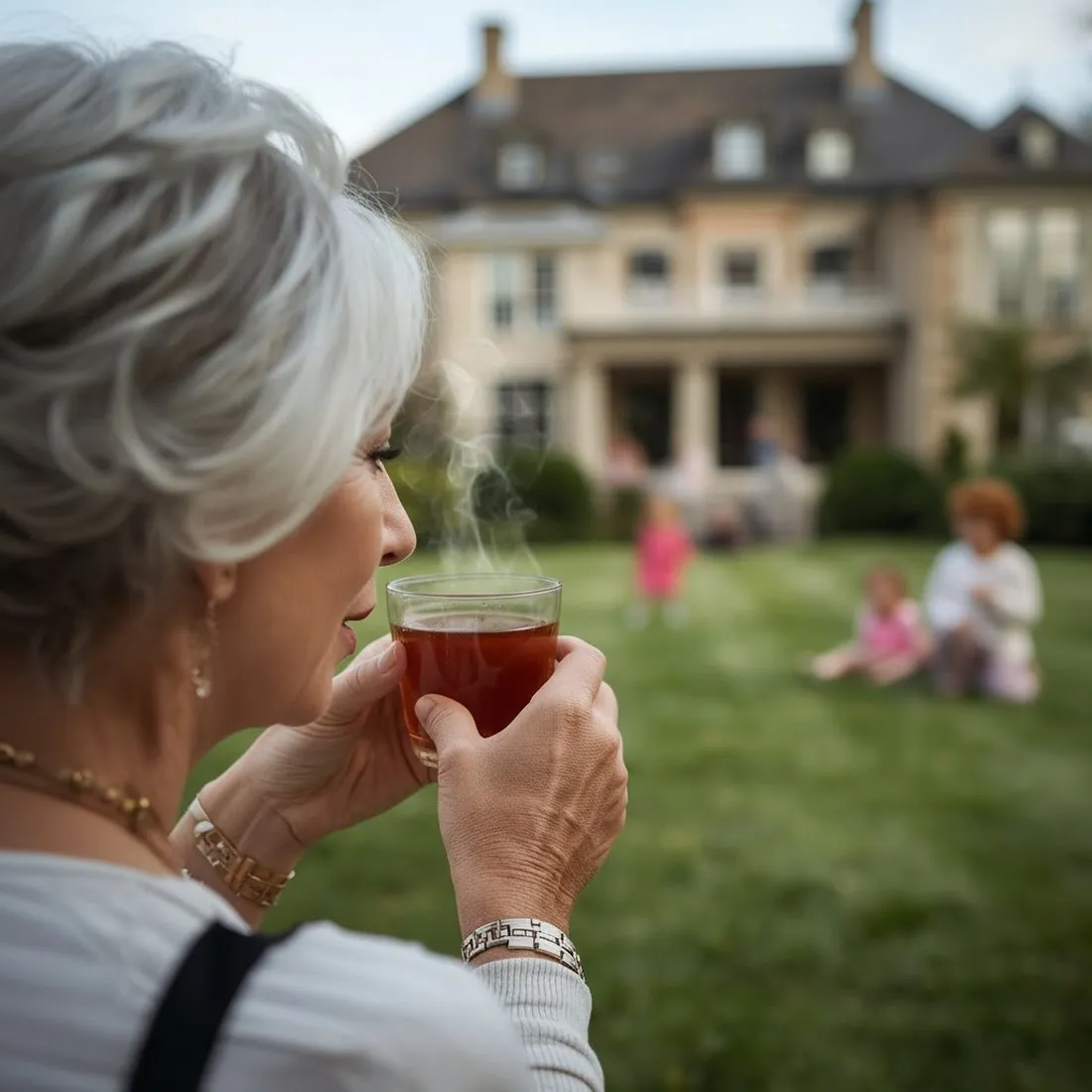 A woman pausing to enjoy a cup of EarthTrace botanical tea outdoors